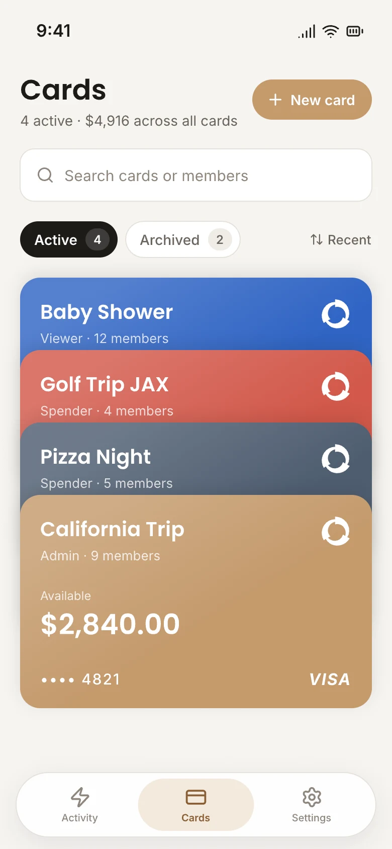 The OneCard app listing a person's group cards