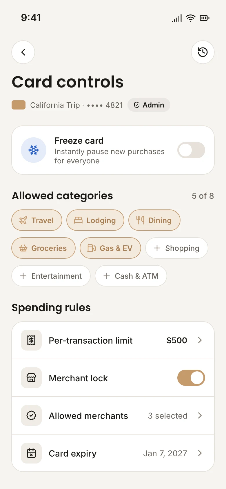The OneCard app's card controls: freeze, allowed categories and spending rules